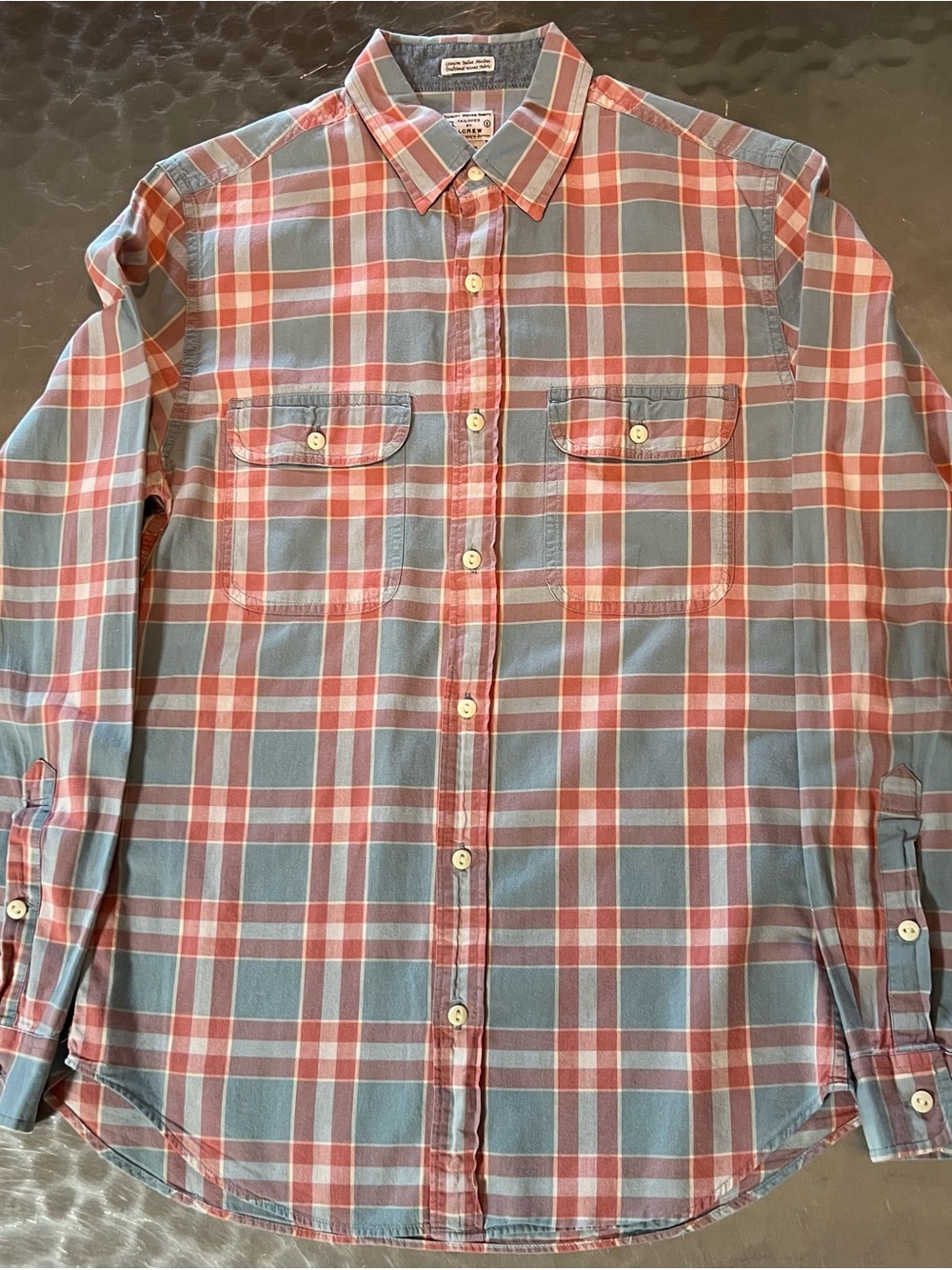 J. Crew Men’s Long-Sleeve Plaid Button-Up Shirt in Dusty Blue & Coral Size SMALL